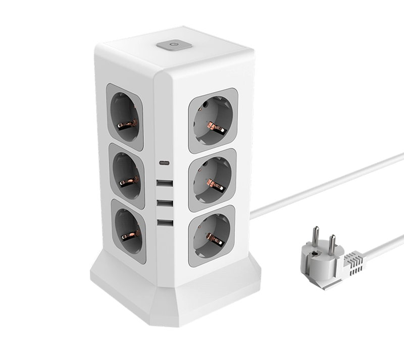 E11 有線多機能電源タップ、ヨーロピアンスタイルコンセント 12 個、USB-A ポート 3 個、USB-C ポート 1 個、スイッチ付き