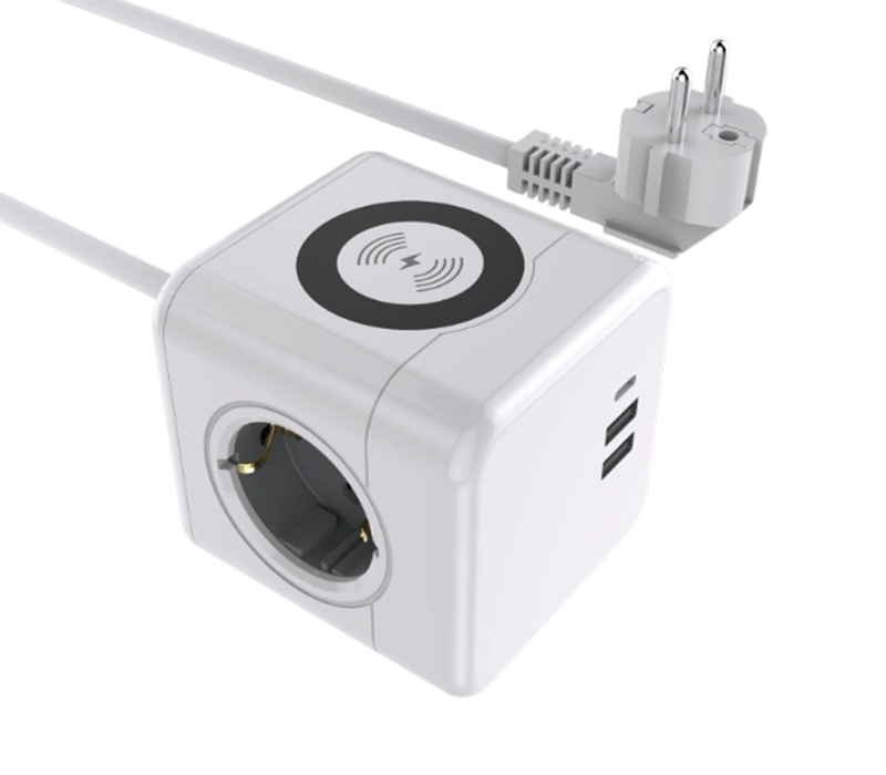 E07 有線キューブ電源タップは、ヨーロッパスタイルのコンセント 3 つ、USB-A ポート 2 つ、USB-C ポート 1 つを備えています