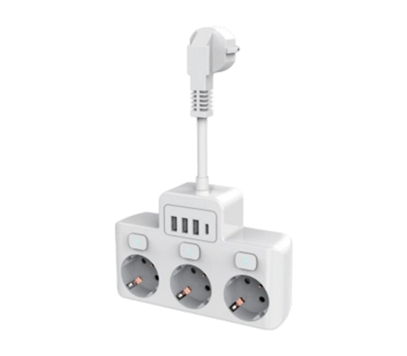 E14 有線電源タップ、ヨーロピアンスタイルコンセント 3 つ、USB-A ポート 3 つ、USB-C ポート 1 つ、独立したスイッチ付き
