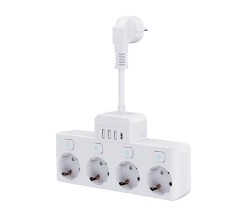 E14-4 有線電源タップ、ヨーロピアンスタイルコンセント 4 個、USB-A ポート 3 個、USB-C ポート 1 個、独立スイッチ付き