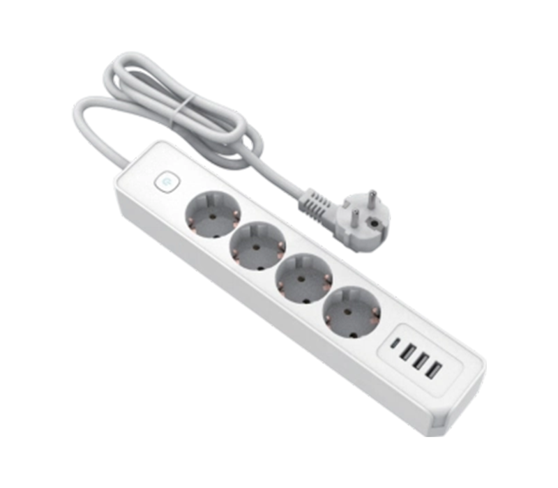 E21-4 ヨーロピアンスタイル電源タップ、コンセント 4 個、USB-A ポート 3 個、USB-C ポート 1 個付き、スイッチ付き
