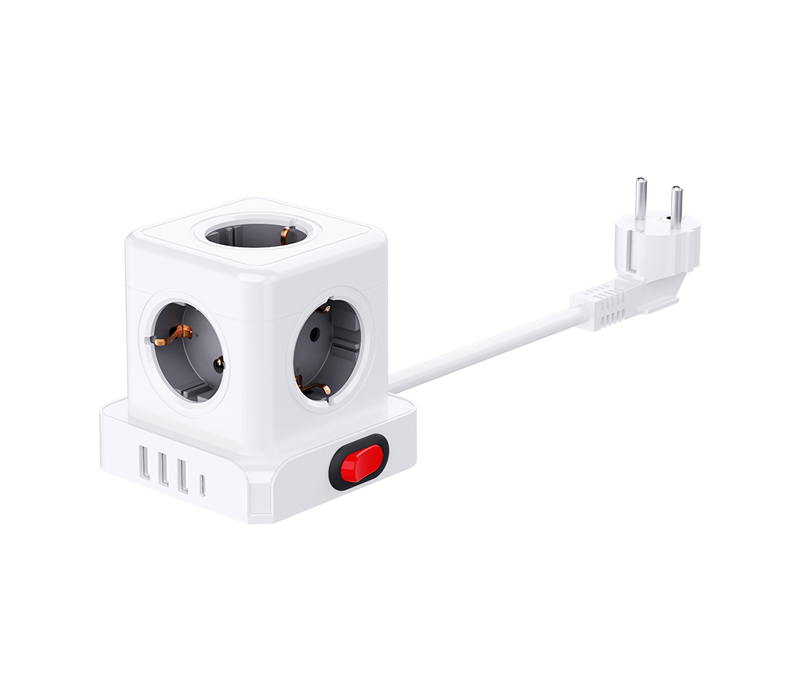 E23 有線キューブ電源タップ、ヨーロピアンスタイルコンセント 5 個、USB-A ポート 3 個、USB-C ポート 1 個、スイッチ付き