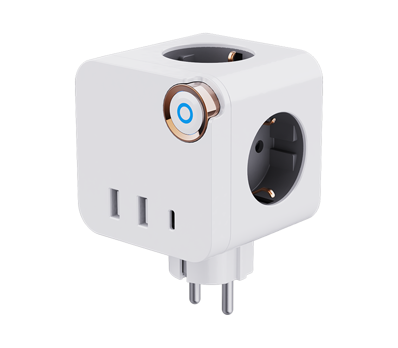 E19 プラグインキューブ電源タップ、ヨーロピアンスタイルコンセント 3 個、USB-A ポート 2 個、USB-C ポート 1 個、スイッチ付き