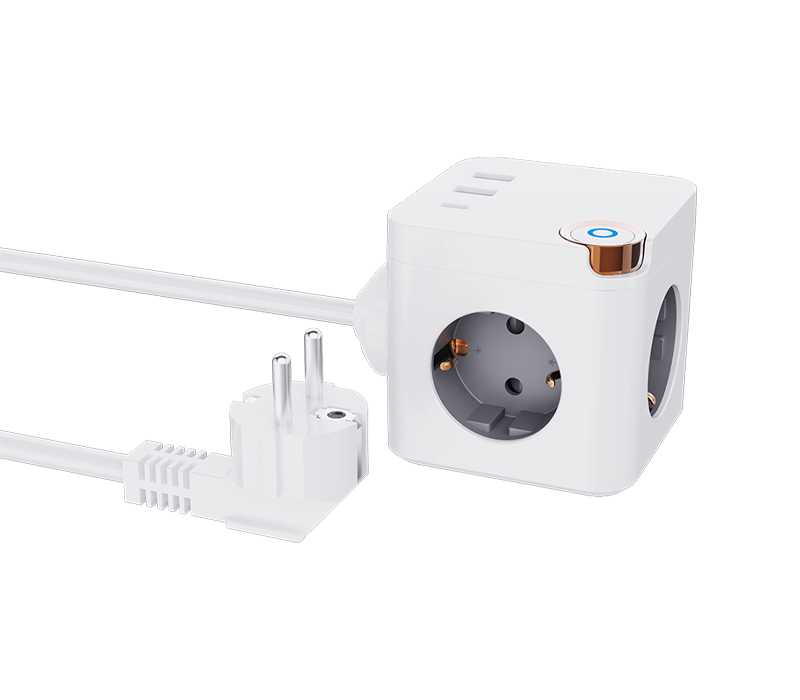 E20 有線キューブ電源タップ、ヨーロピアンスタイルコンセント 3 個、USB-A ポート 2 個、USB-C ポート 1 個、スイッチ付き